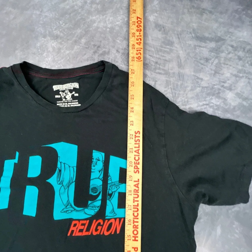 True Religion Mens Graphic T-Shirt Black Blue Buddha Logo Y2K Skater Tee Size M